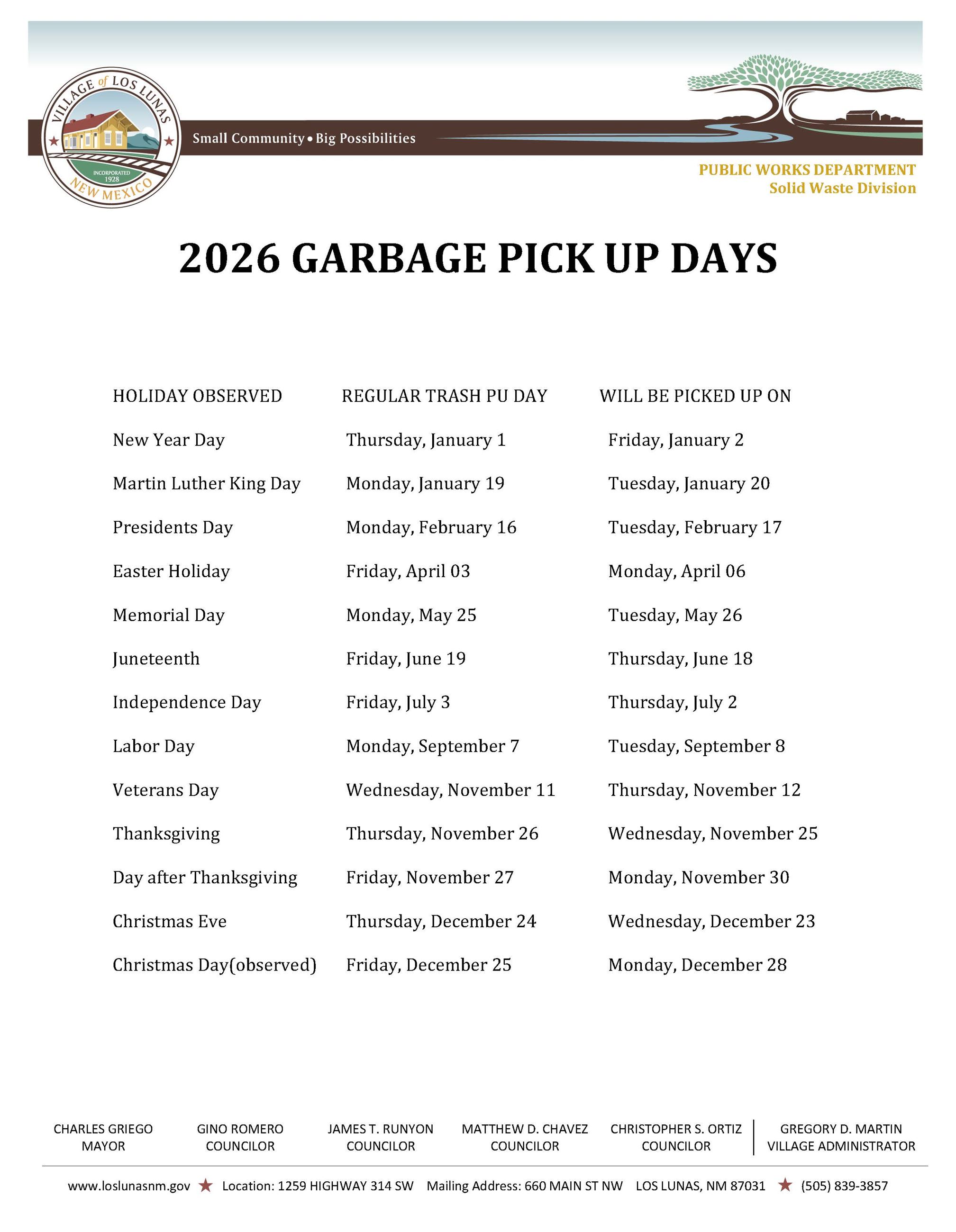 2026 Holiday Schedule